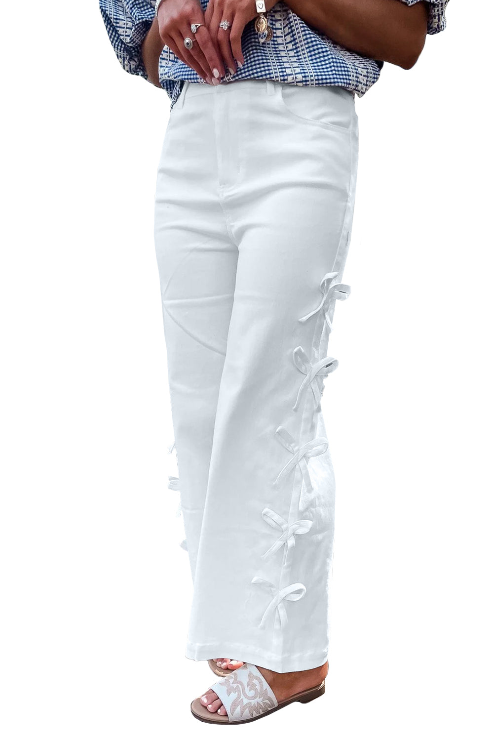 White Bowknot Side Detail Straight Leg Loose Jeans