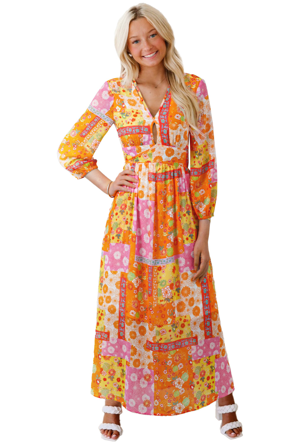 Orange Floral Patchwork Print Cut out Tied Back Bracelet Sleeve Maxi Dress