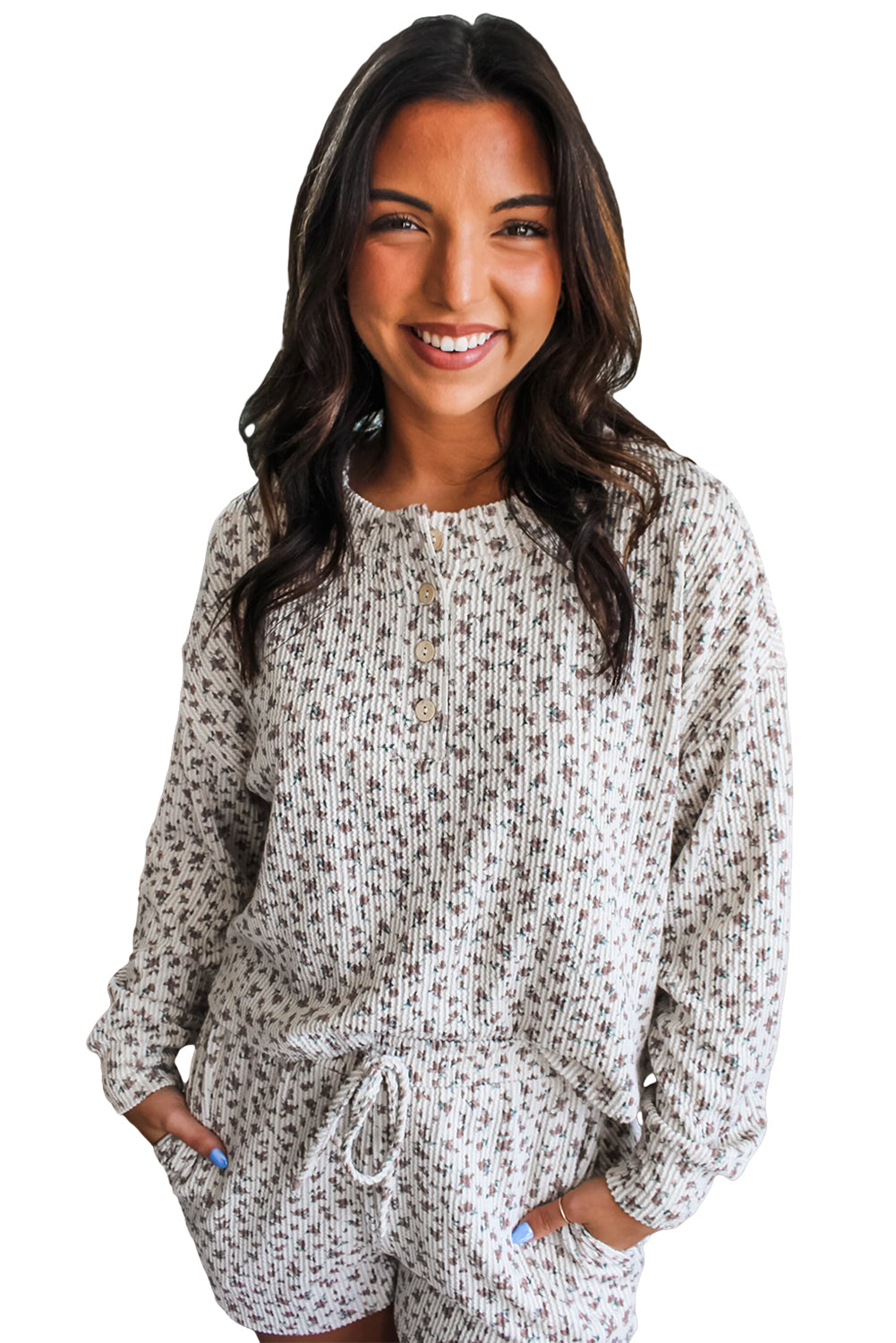 White Floral Print Ribbed Long Sleeve Pullover and Shorts Set