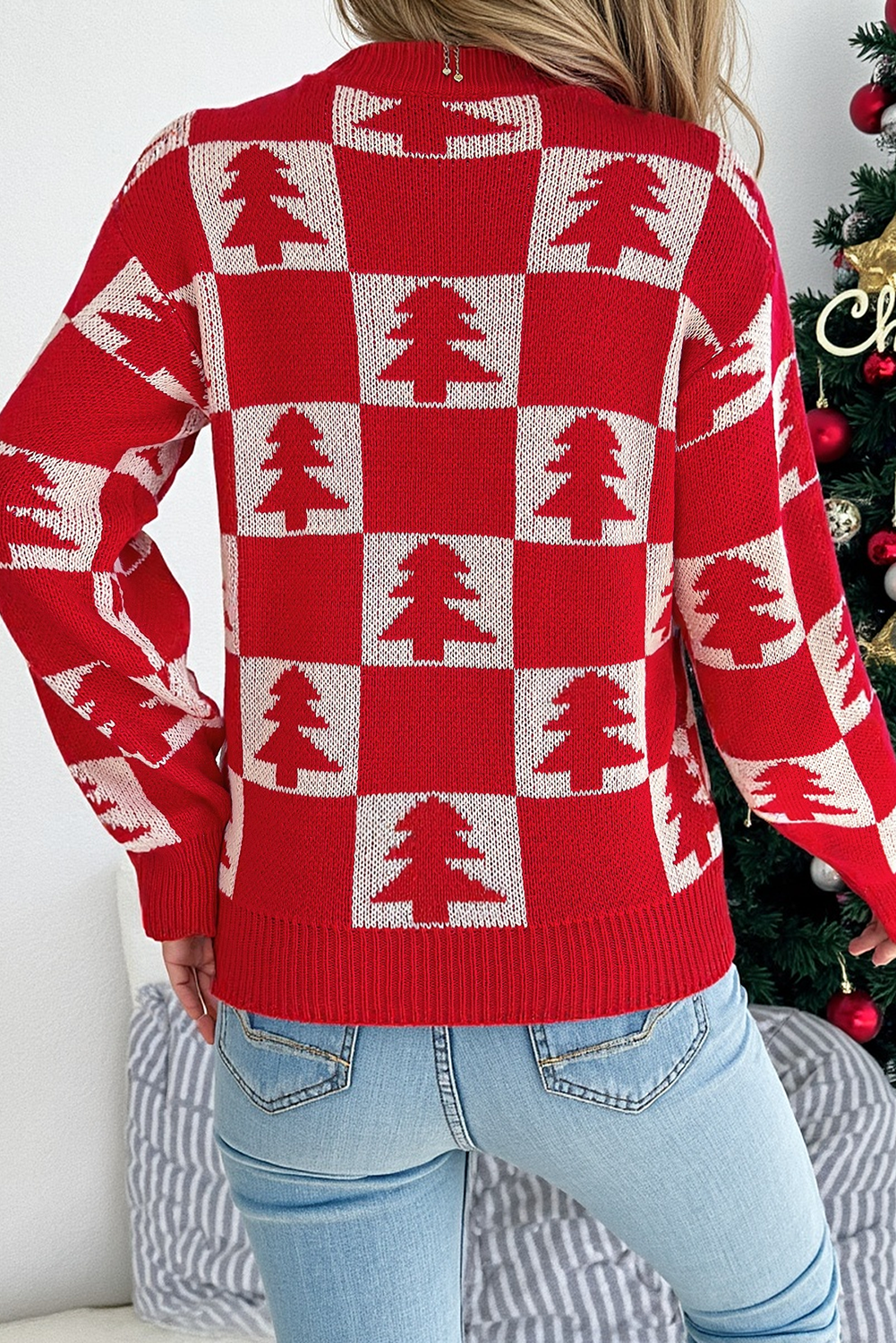 Fiery Red Christmas Tree Checkered Pullover Sweater