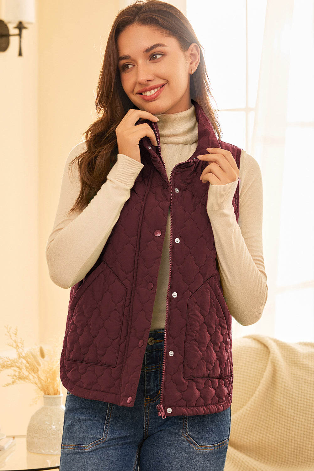 Wild Ginger  Flower Shape Quilted Snap Button Zip Up Winter Vest