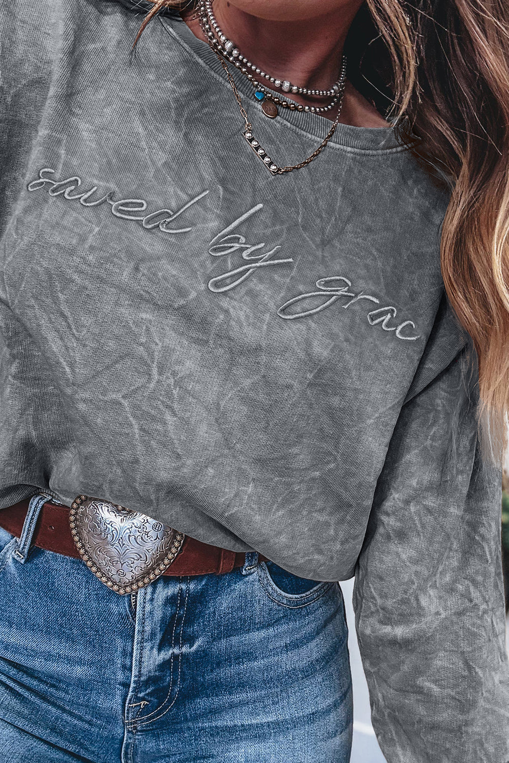 High-rise  saved by grace Letter Embroidery Mineral Wash Loose Sweatshirt