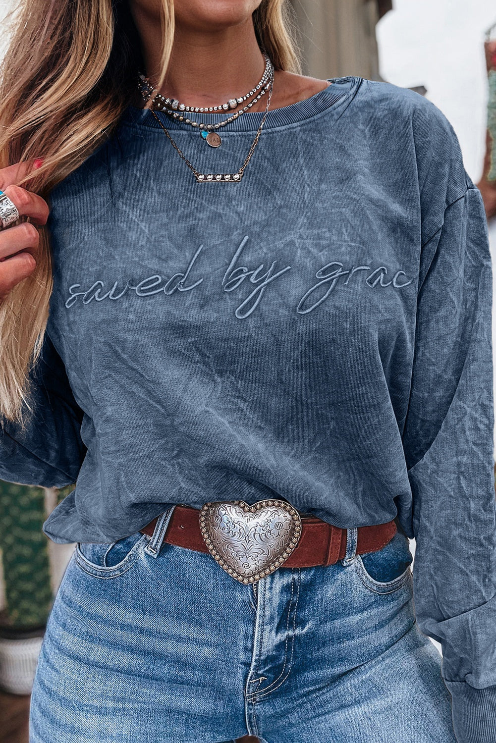 Real Teal saved by grace Letter Embroidery Mineral Wash Loose Sweatshirt