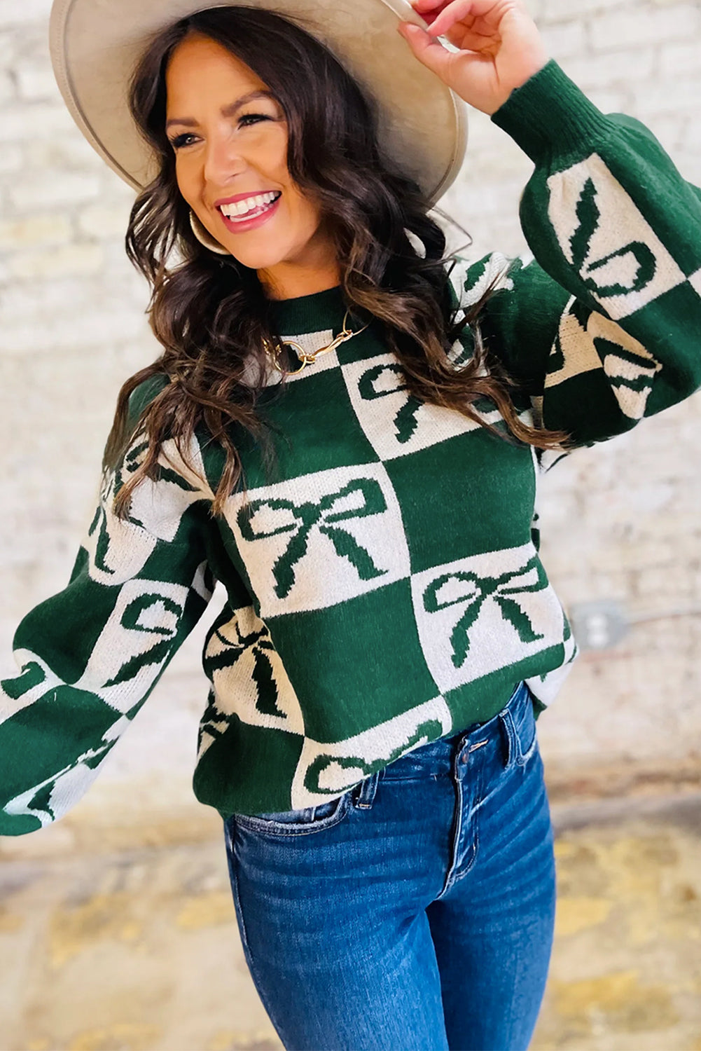 Blackish Green Bow Print Checkered Knit Sweater