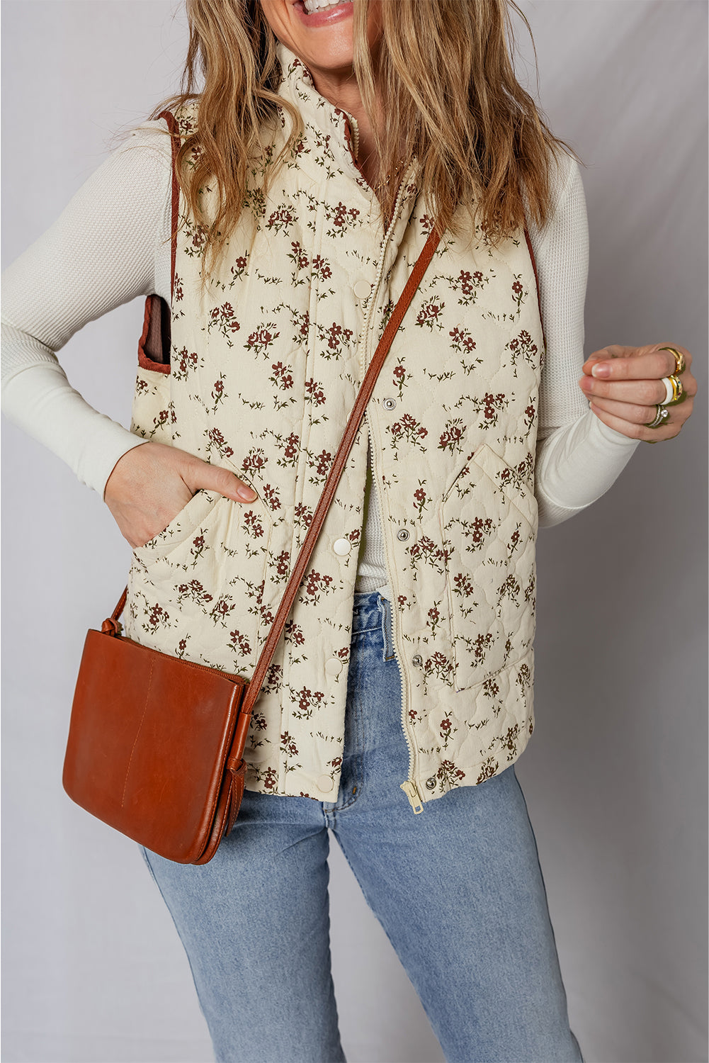 Apricot Floral Print Zip Up Quilted Warm Vest