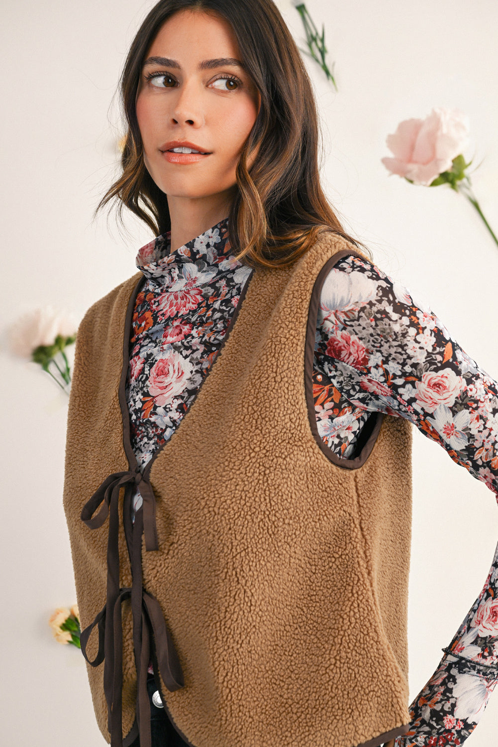 Light French Beige Fleece Tie Front Winter Vest