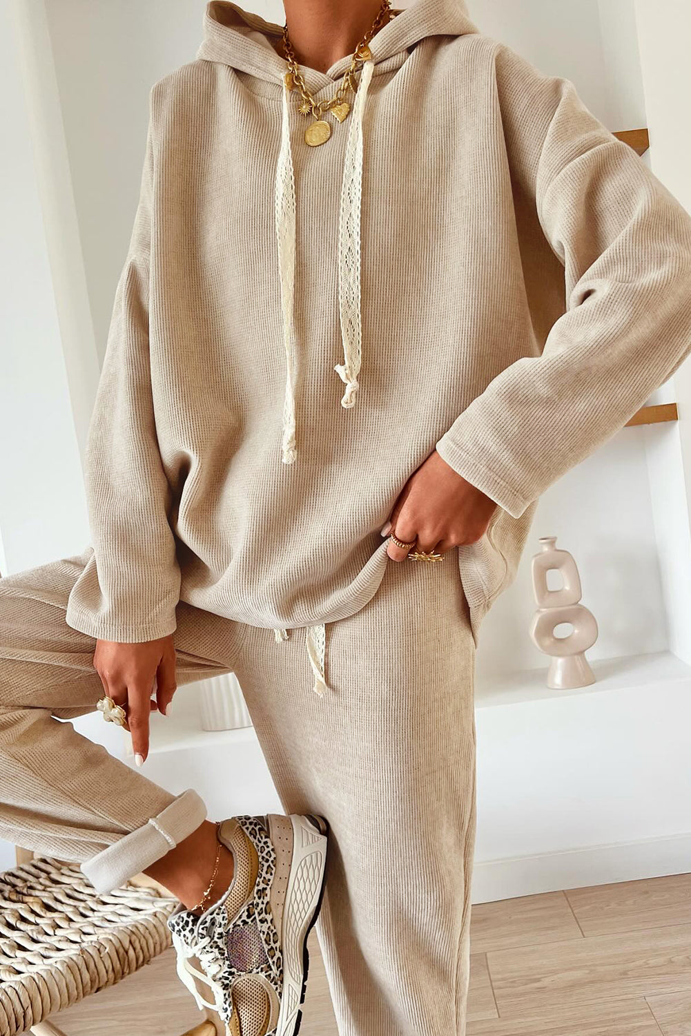 Jet Stream Drawstring Pullover Hoodie and High Waist Pants Corduroy Suit