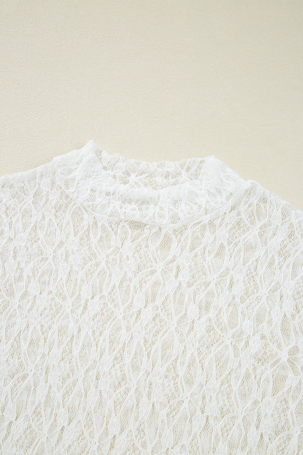White Sheer Lace Bell Sleeve Mock Neck Blouse