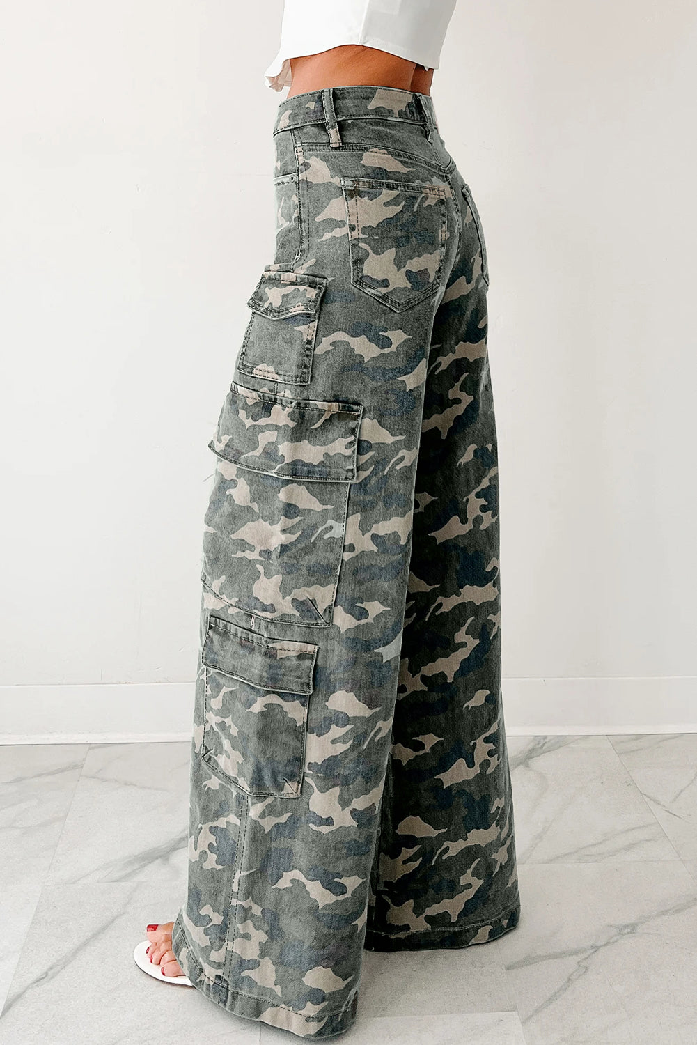 Green Camo Multi Pocket Cargo Wide Leg Jeans