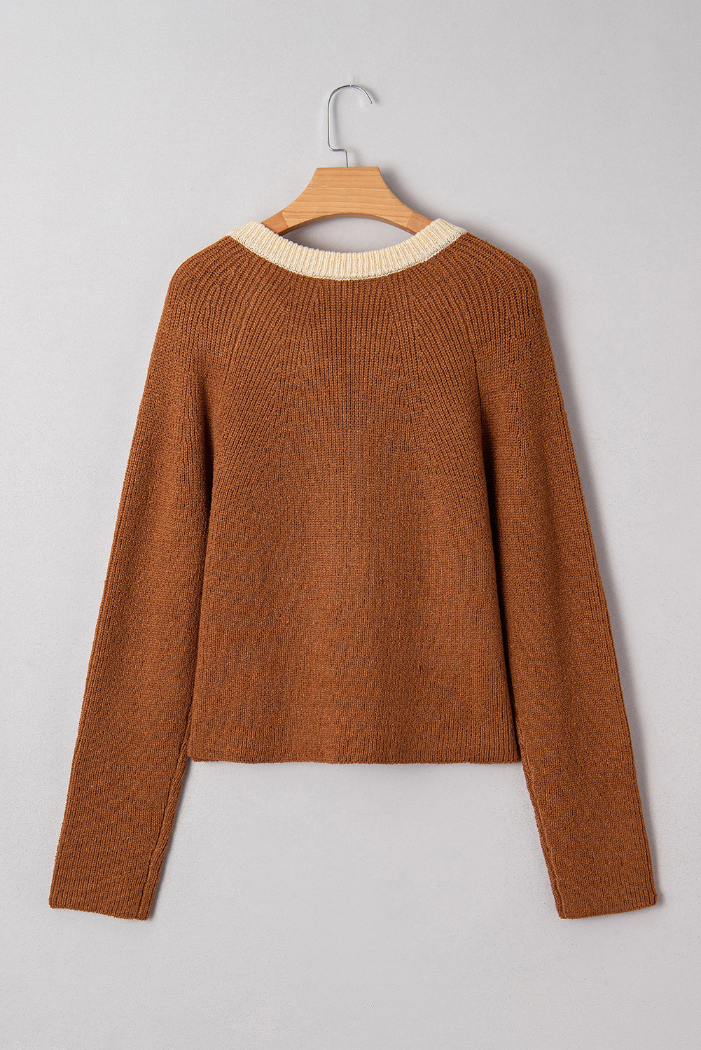 Chestnut Contrast Color V Neckline Knit Cardigan