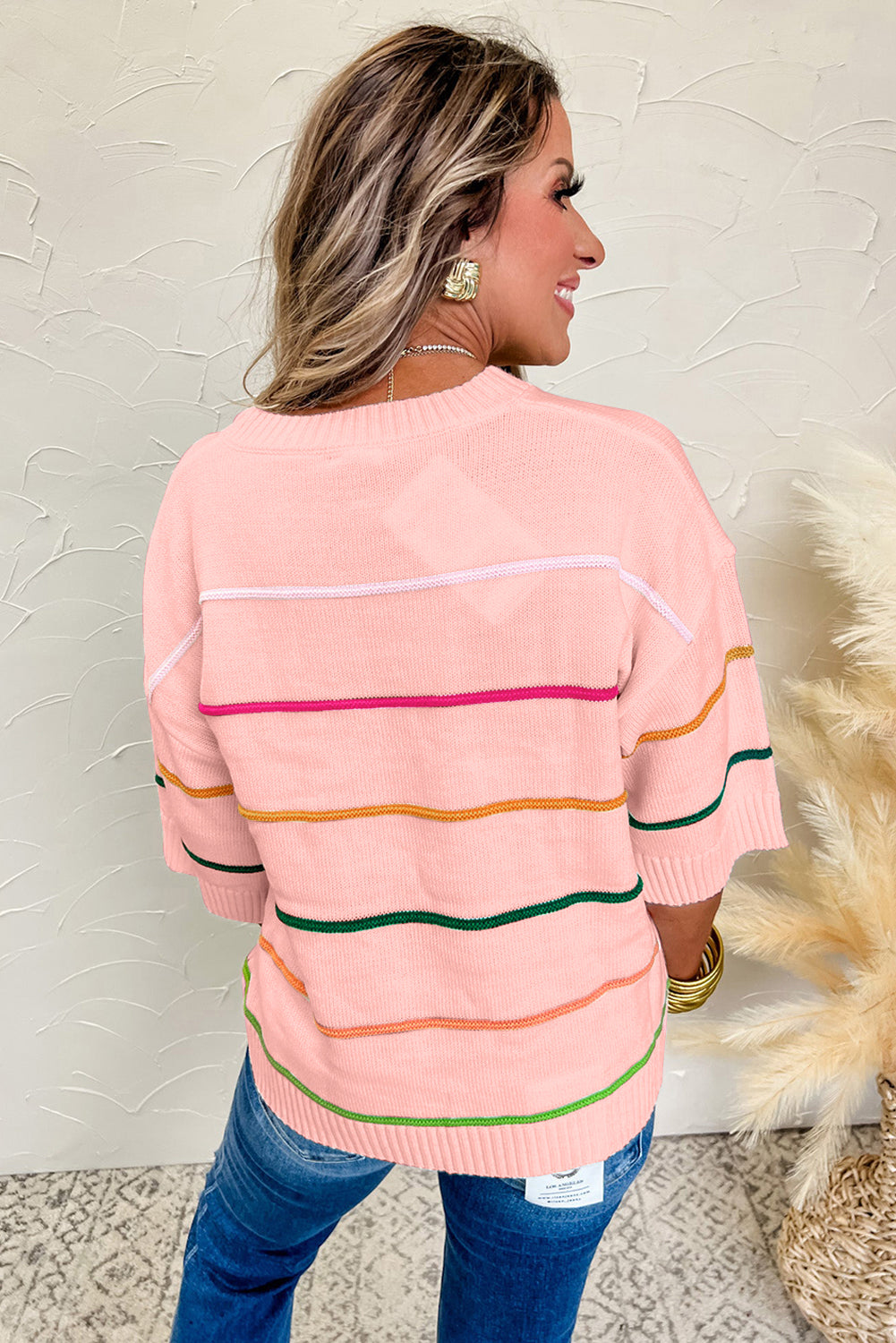 Pink Striped Half Sleeve Drop Shoulder Sweater