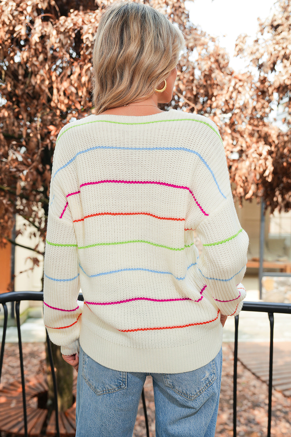 White Striped V Neck Drop Sleeve Sweater
