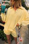 Yellow Cream Button Collar Drop Shoulder Pullover and Shorts Set