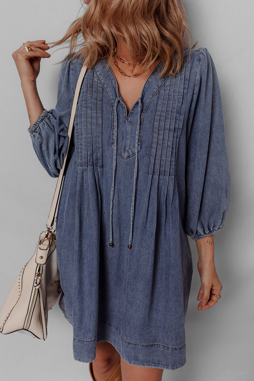 Sail Blue Pleated V Neck 3/4 Sleeve Denim Mini Dress