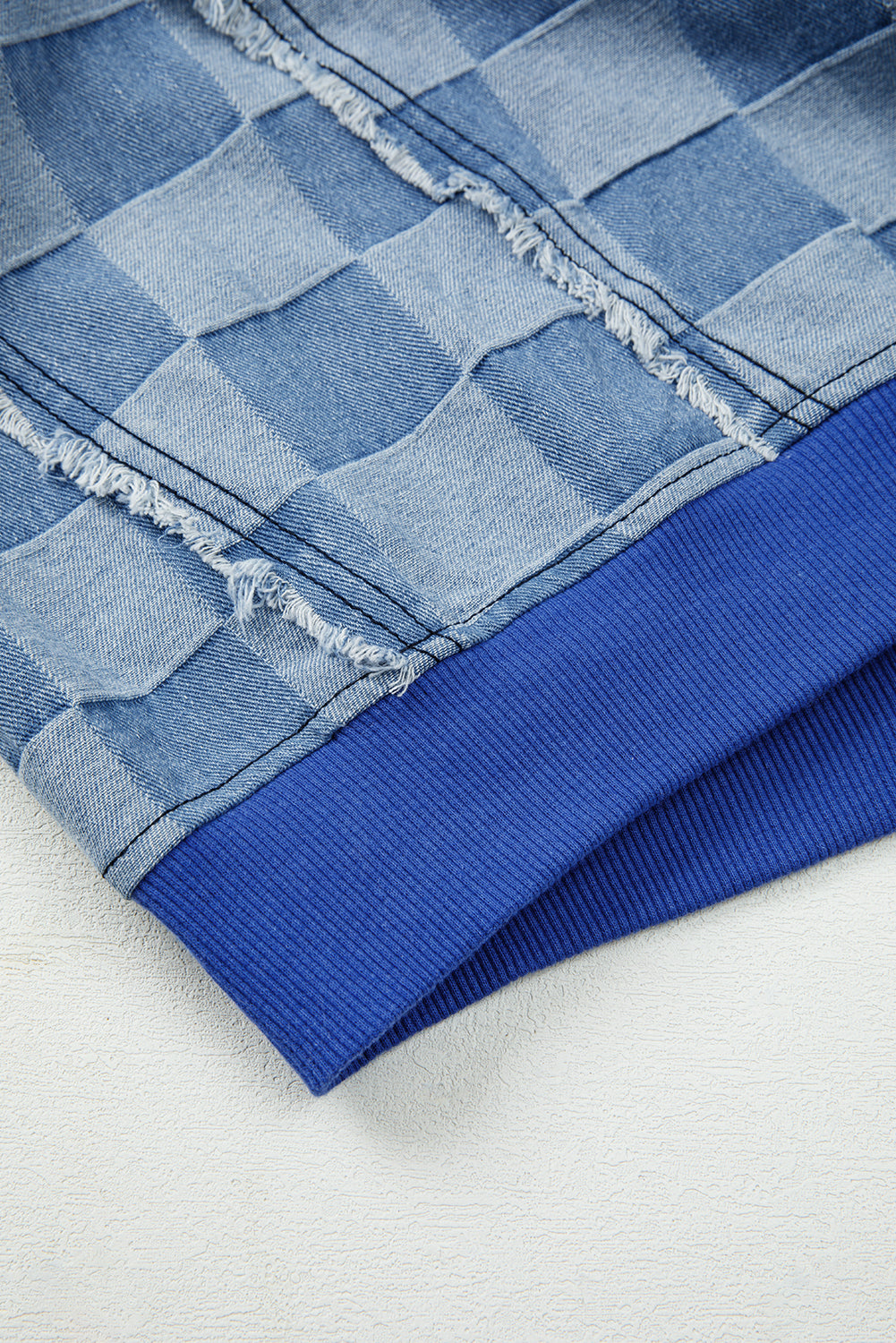 Sky Blue Checkerboard Splicing Raw Detail Oversized Denim Pullover