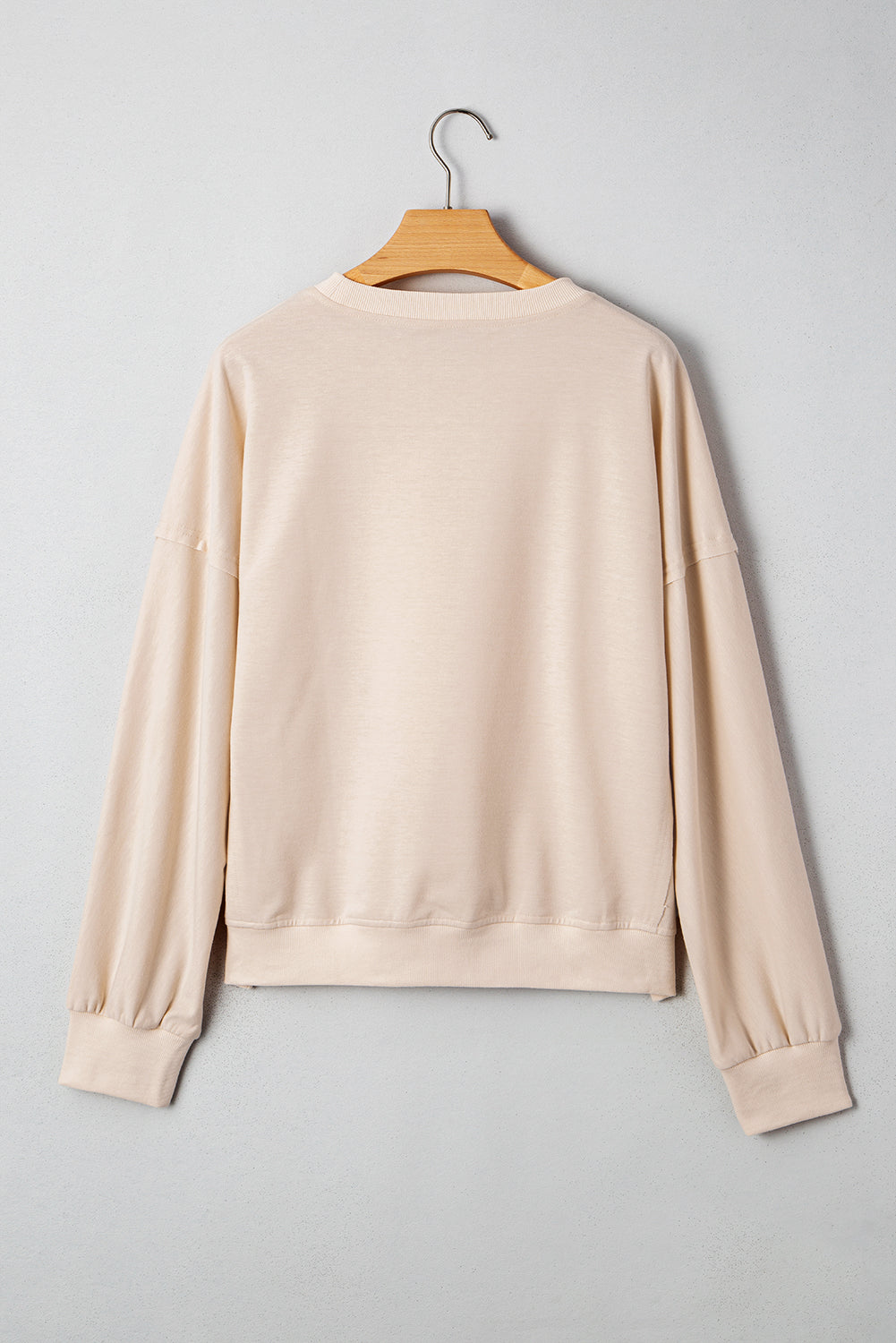 Beige Raw Edge Flower Patch Drop Shoulder Long Sleeve Top