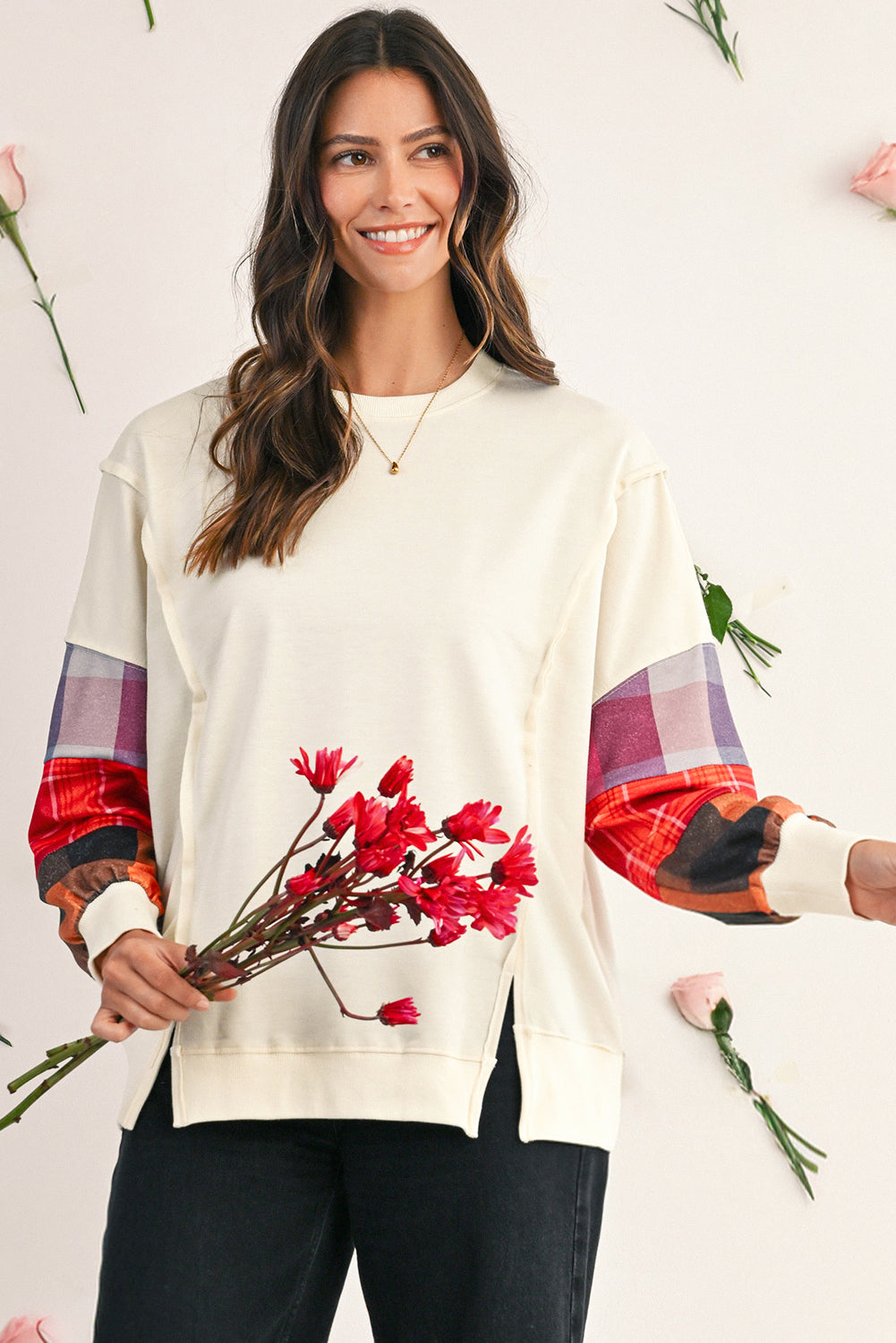 Beige Plaid Patchwork Long Sleeve Exposed Seam Loose Top