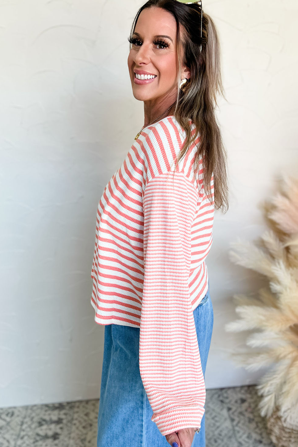 Pink Striped Textured Patchwork Drop Sleeve Top