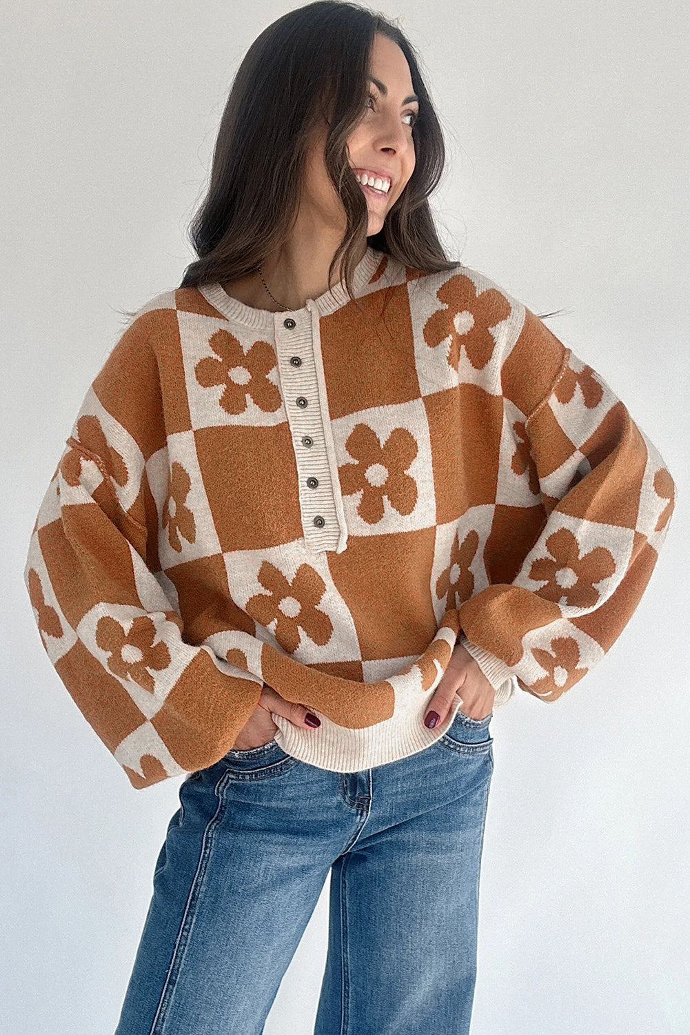 Thai Curry Flower Colorblock Checkered Henley Sweater