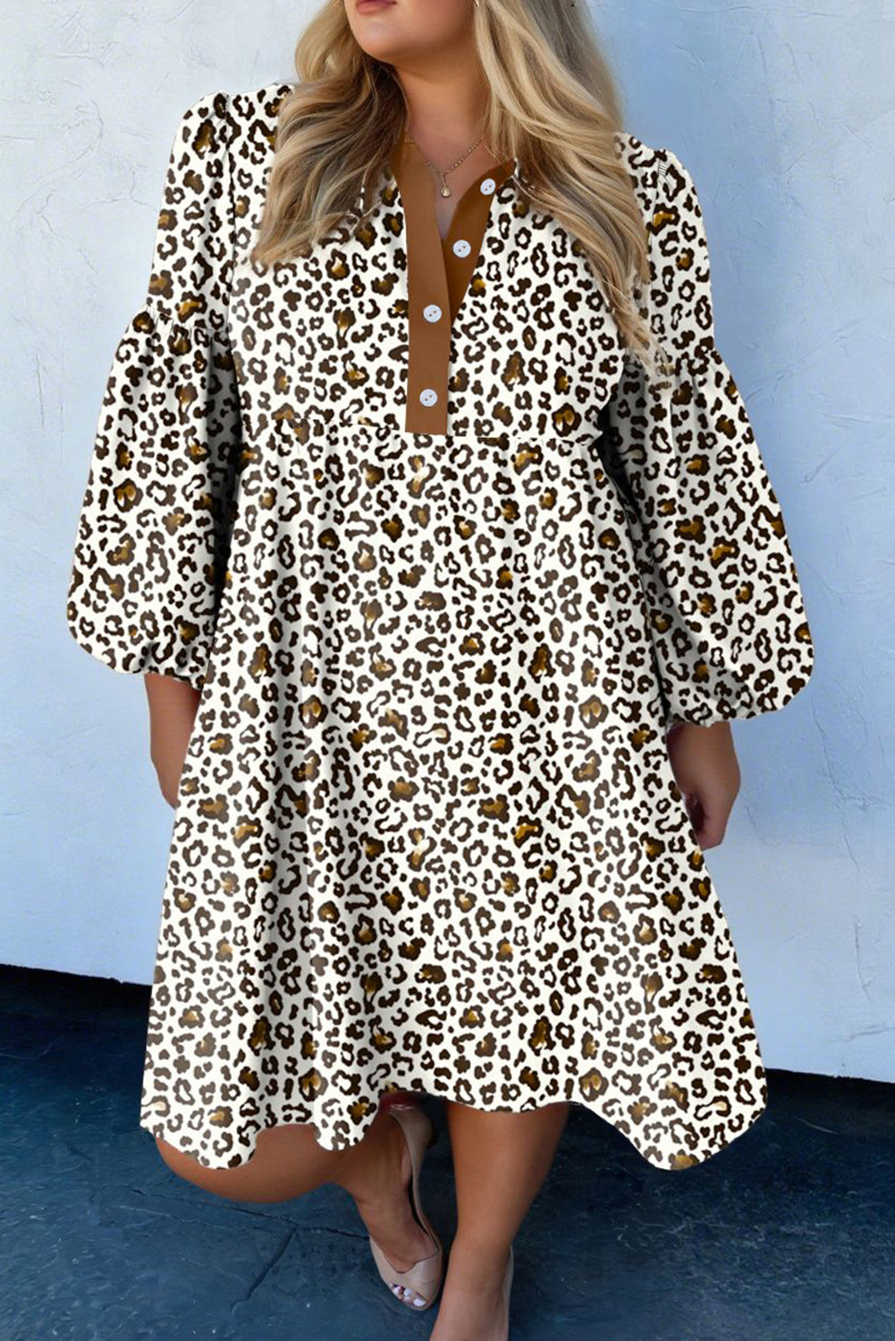 Khaki Plus Size Button V Neck Leopard Print Puff Sleeve Loose Mini Dress