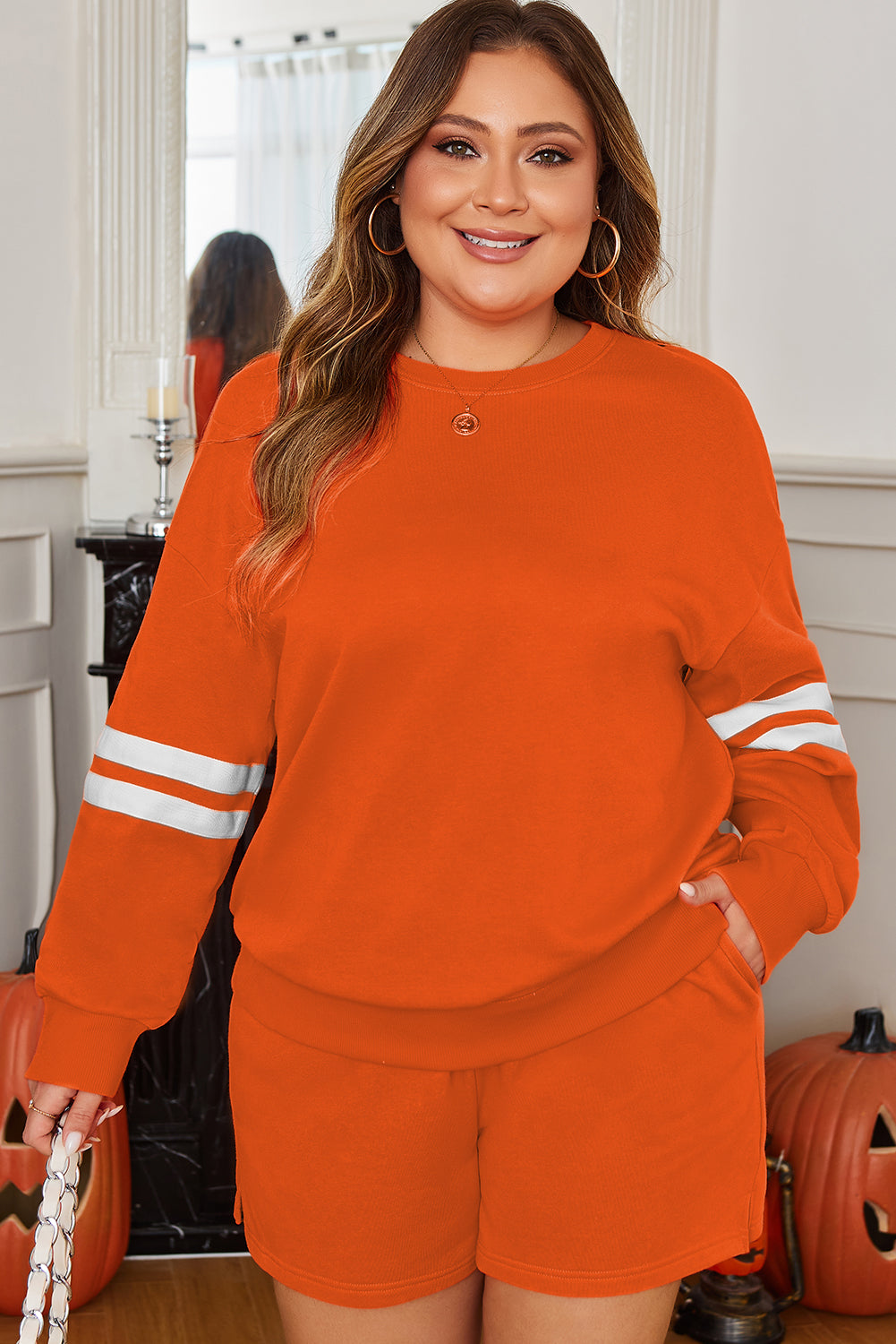 Orange Plus Size Varsity Striped Sleeve Sweatshirt and Shorts Set