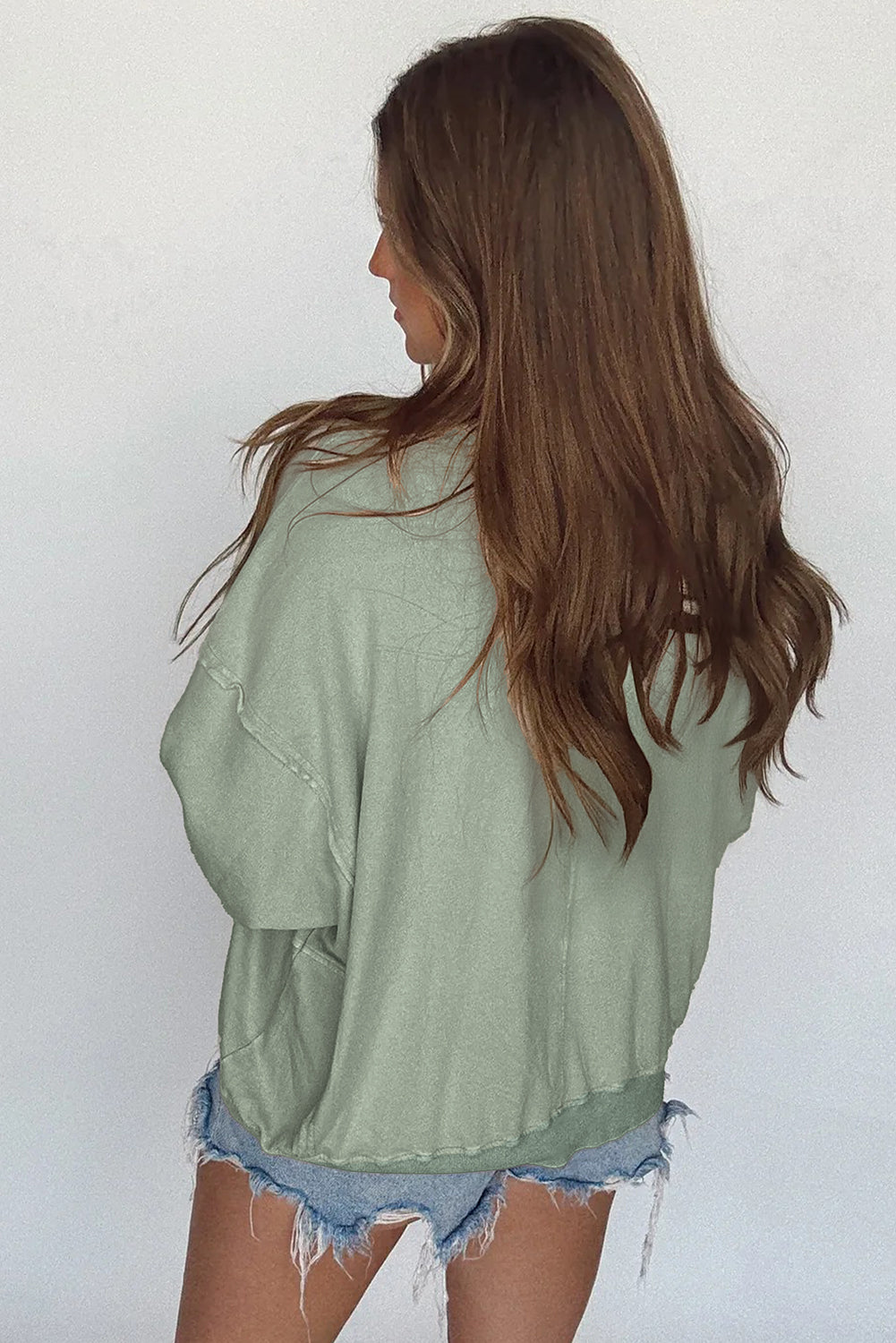Smoke Green Raw Edge Flower Patch Drop Shoulder Long Sleeve Top