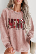Pink MERRY Christmas Plaid Leopard Heat Transfer Printing Corded Sweatshirt
