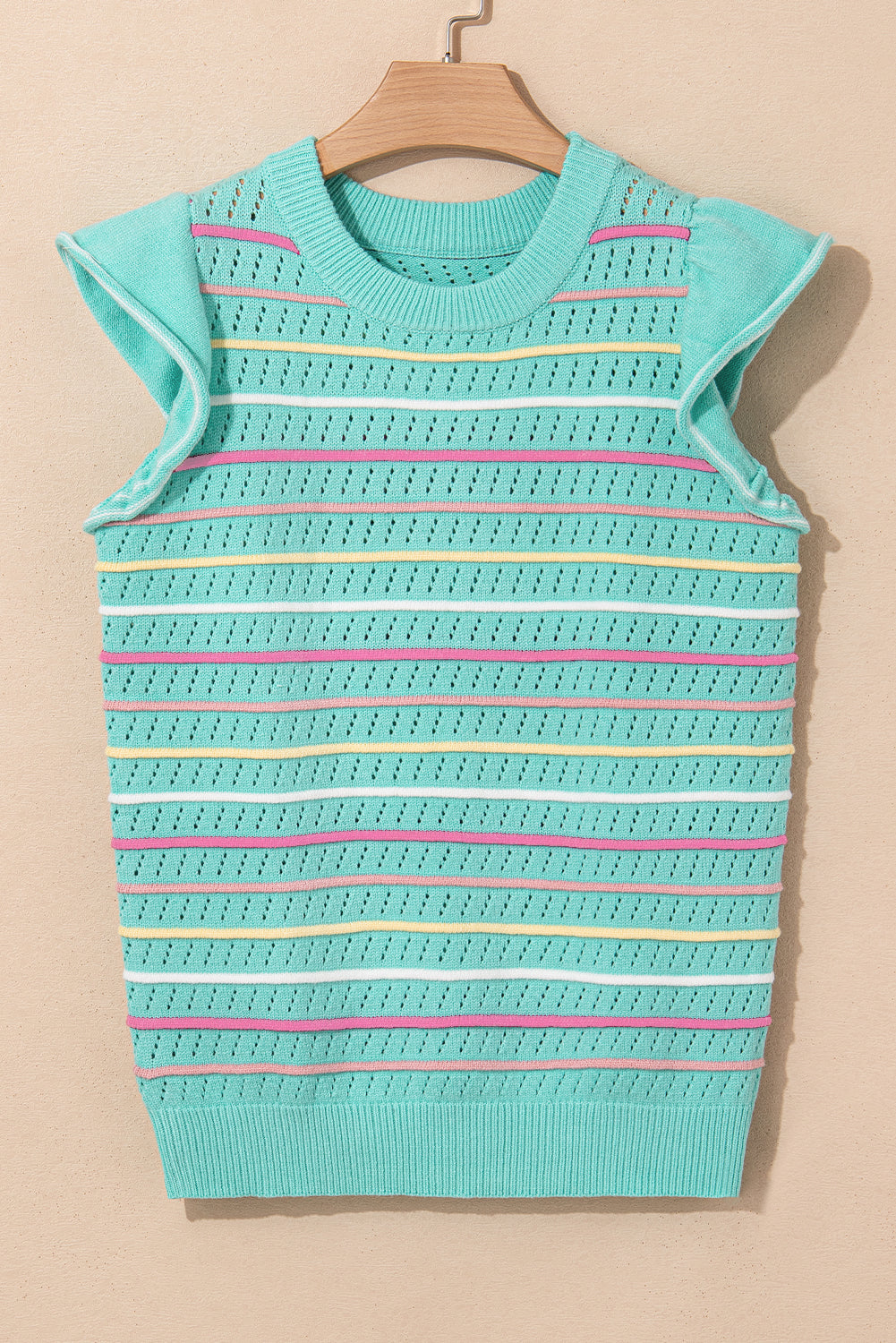 Green Colorful Striped Eyelet Knit Ruffle Top