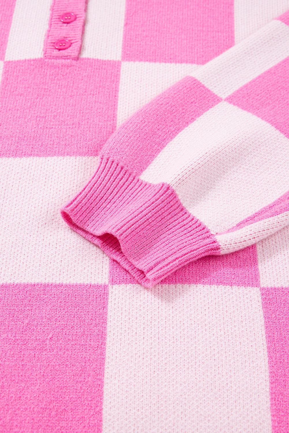 Pink Plus Size Checkered Collared Henley Sweater