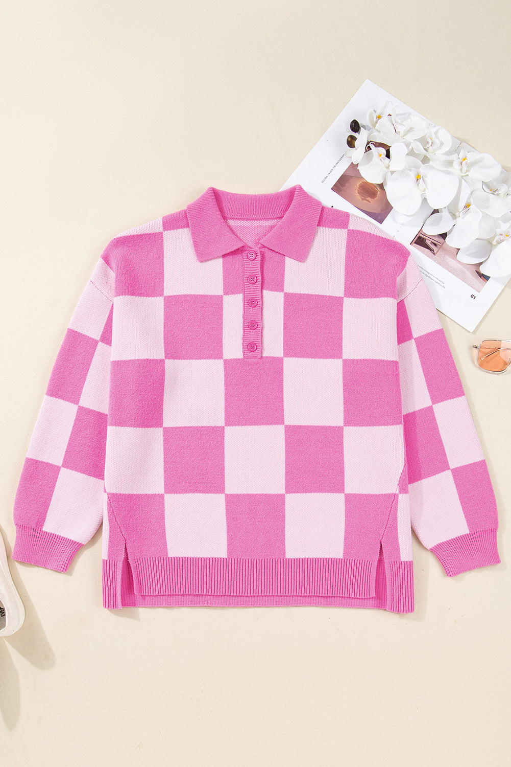 Pink Plus Size Checkered Collared Henley Sweater