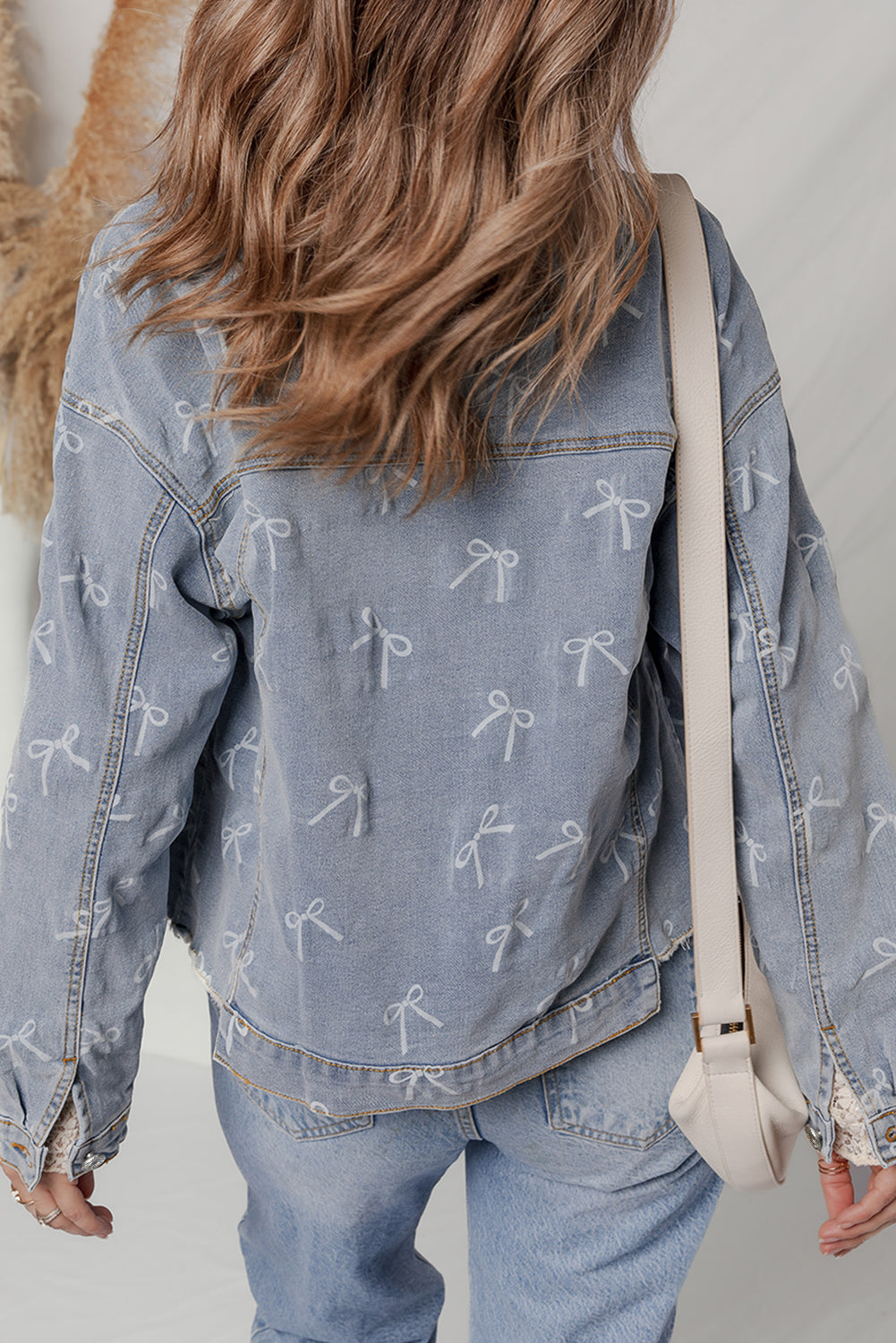 Sky Blue Bow Print Light Wash Raw Hem Denim Jacket