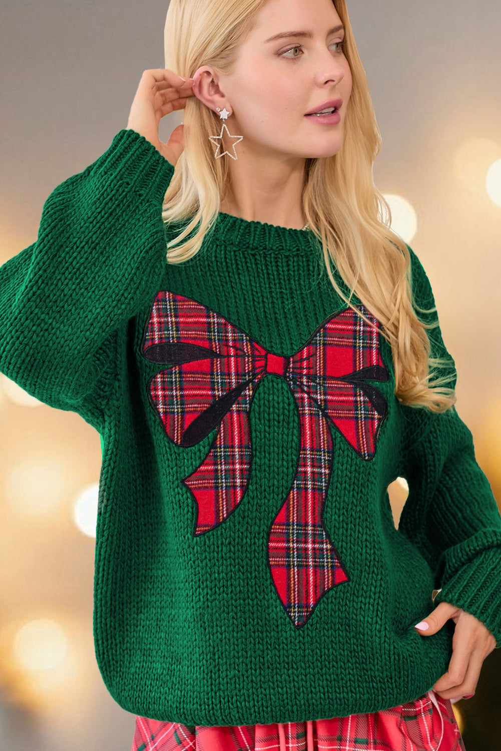 Evergreen Plaid Bow Graphic Christmas Sweater