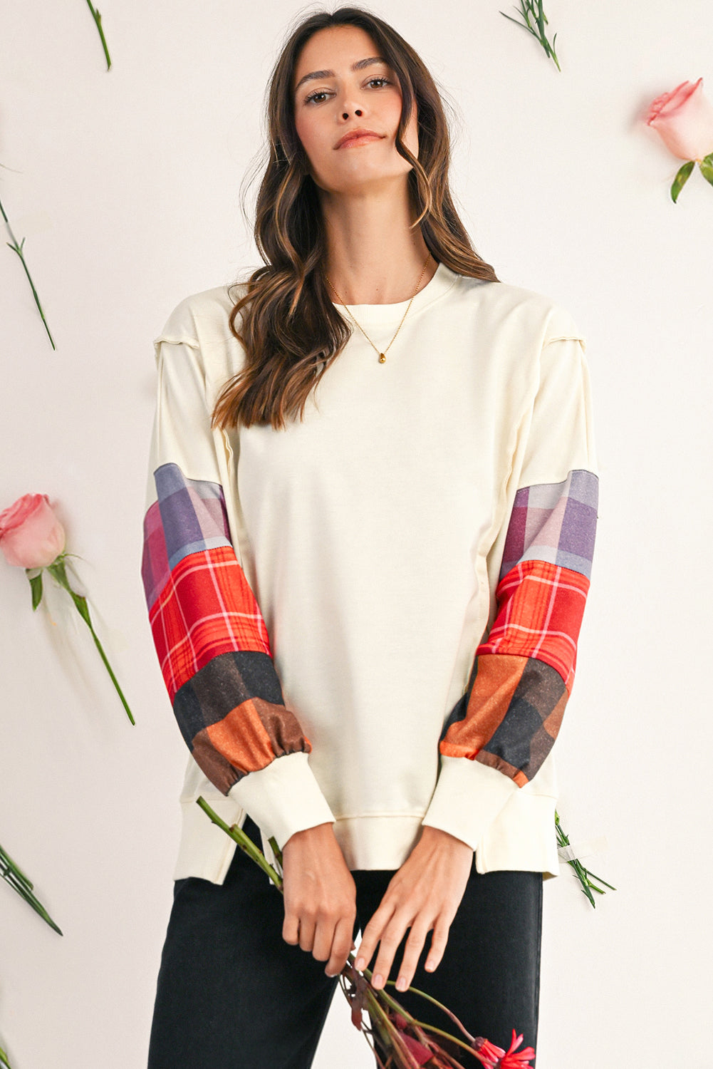 Beige Plaid Patchwork Long Sleeve Exposed Seam Loose Top