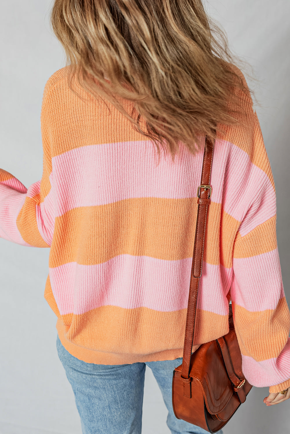 Orange Stripe Half Zip Collar Loose Sweater