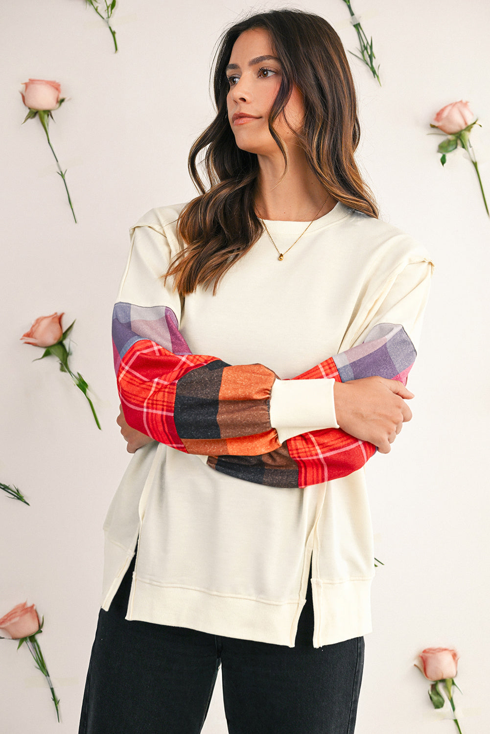 Beige Plaid Patchwork Long Sleeve Exposed Seam Loose Top