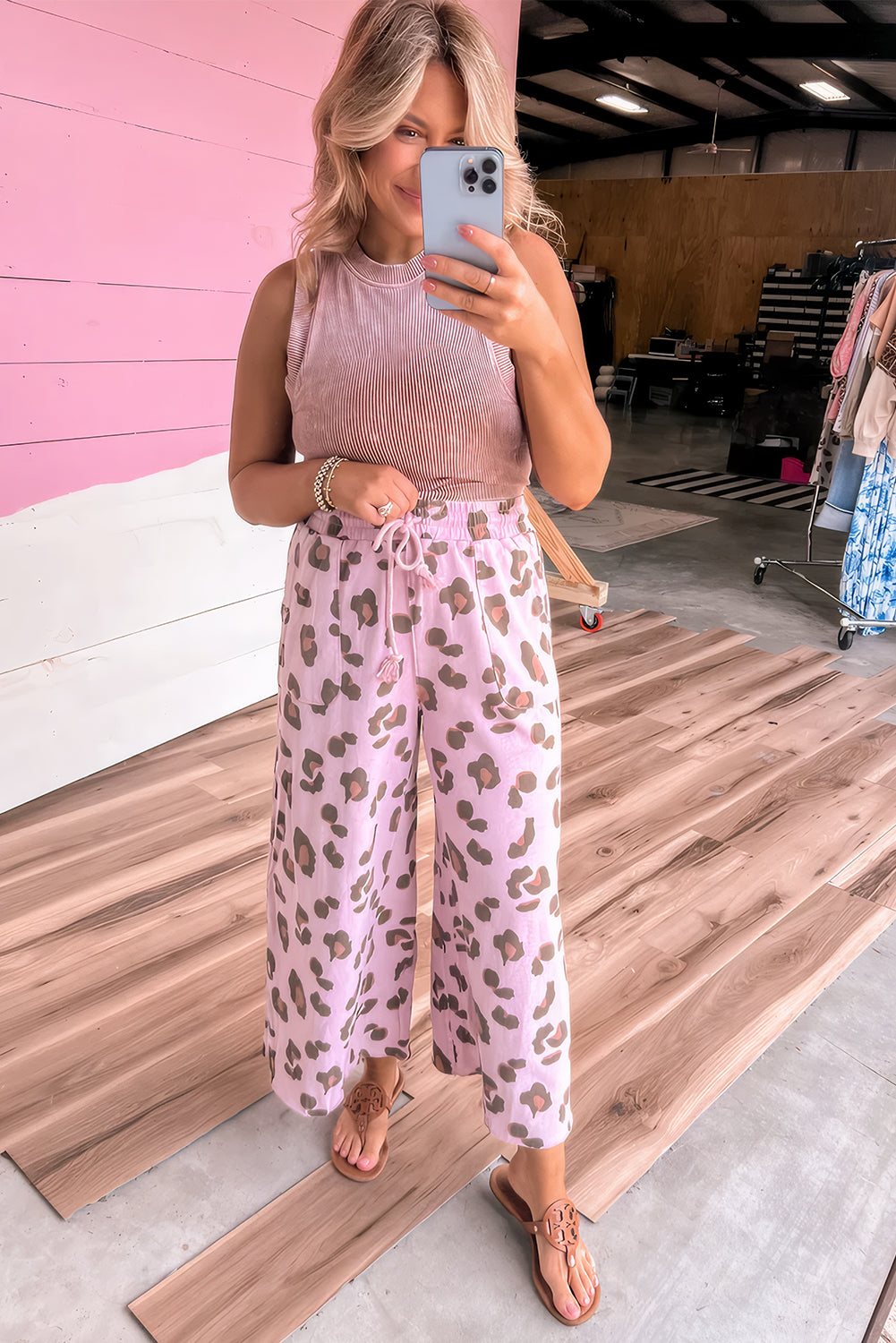Pink Drawstring Leopard Print Patch Pocket Loose Pants