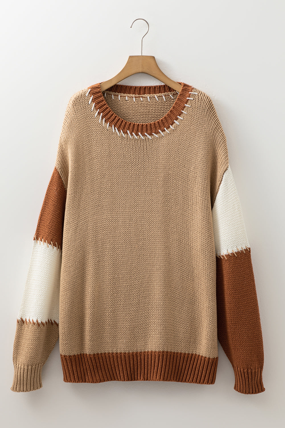 Light French Beige Contrast Stitch Detail Colorblock Knitted Plus Size Sweater