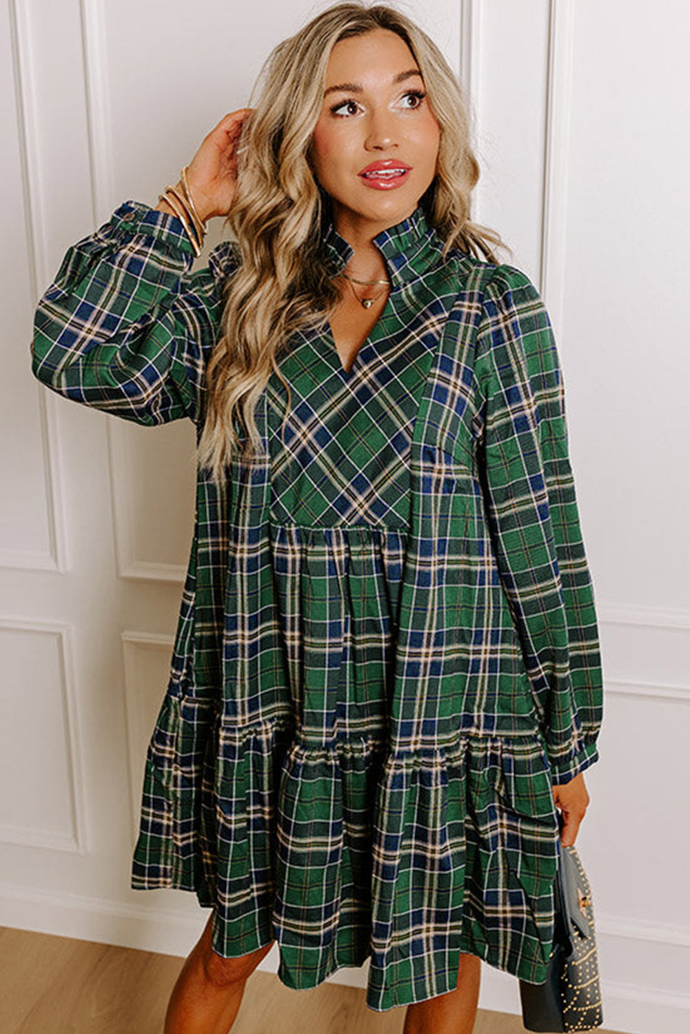 Green Plaid Print Frill Neck Long Sleeve Mini Dress
