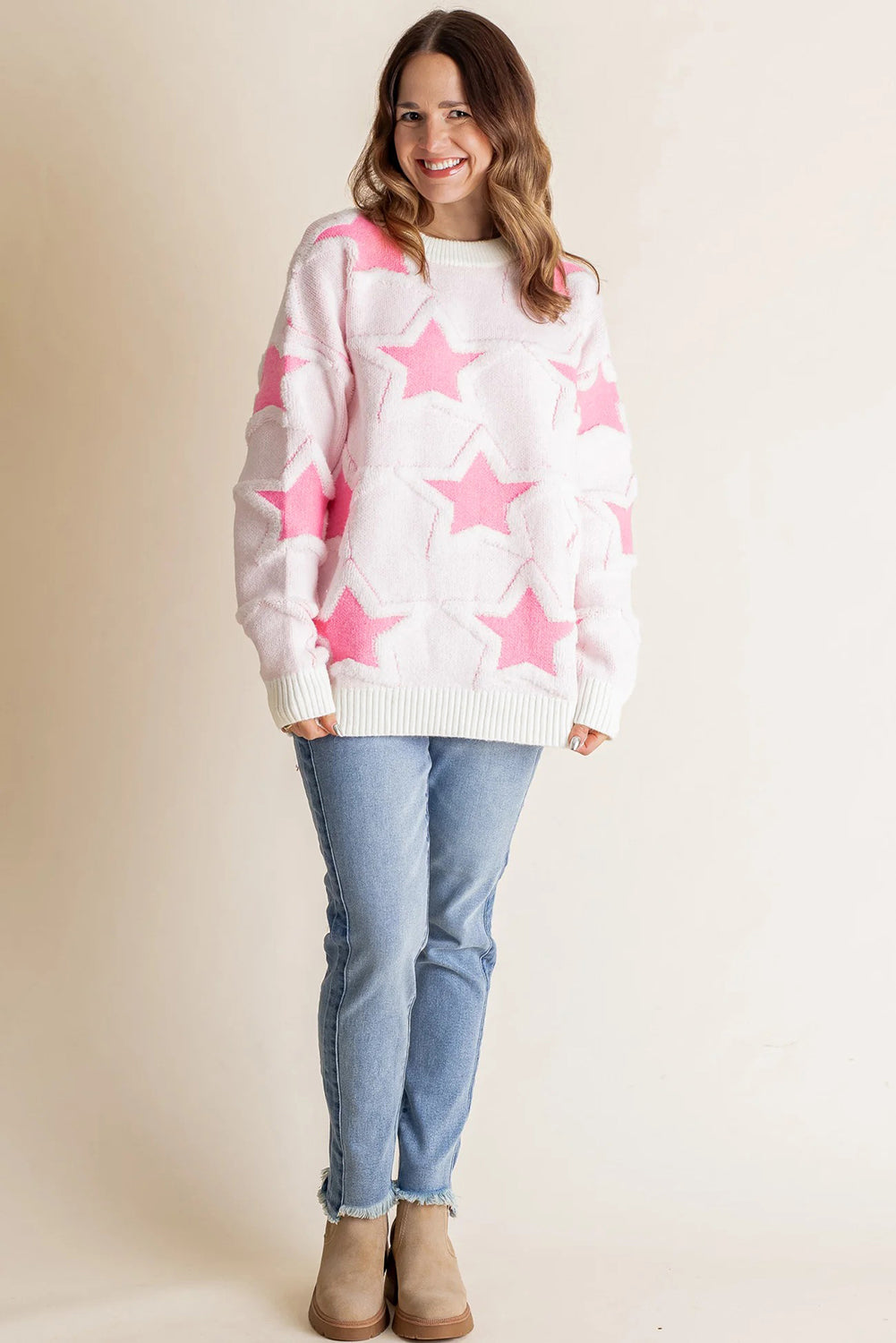 Sachet Pink Star Pattern Drop Sleeve Loose Sweater