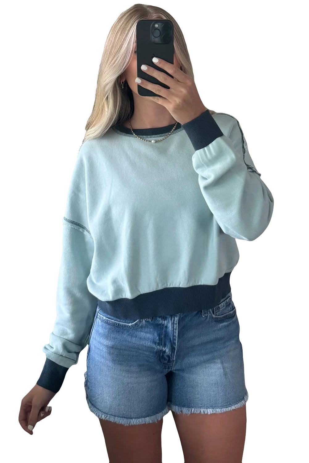 Iceland Blue Contrast Edge Patchwork Cropped Sweatshirt