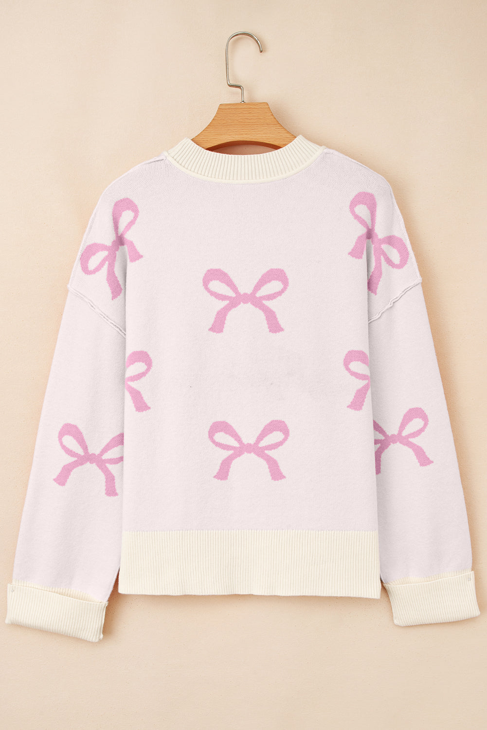 Pink Bow Print Exposed Seam Drop Sleeve Sweater