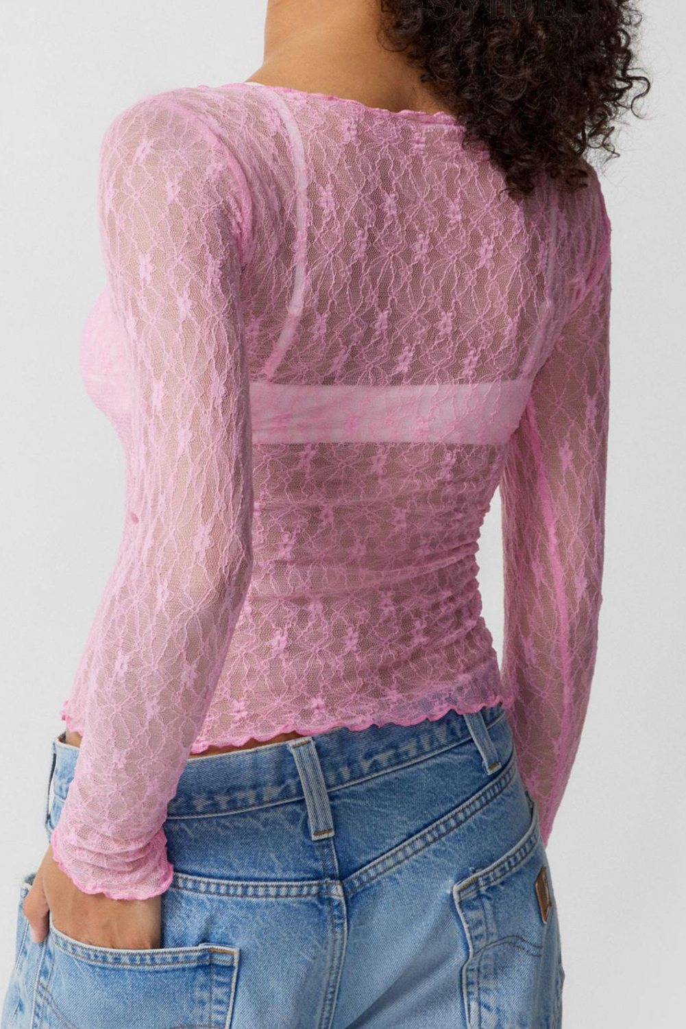 Pink Floral Lace Sheer Long Sleeve Top