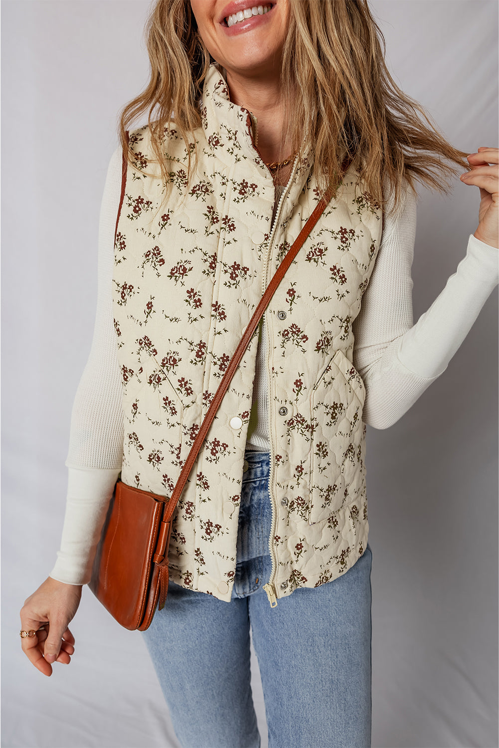Apricot Floral Print Zip Up Quilted Warm Vest
