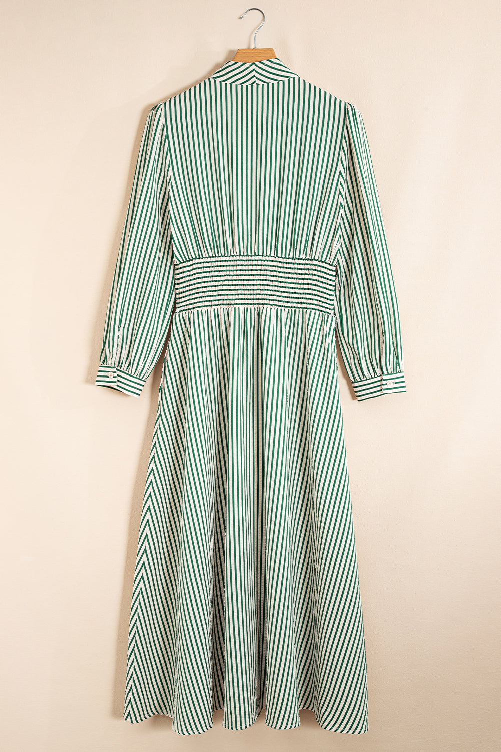 Green Striped V Neck Zip Front Cinched High Waist Midi Dress