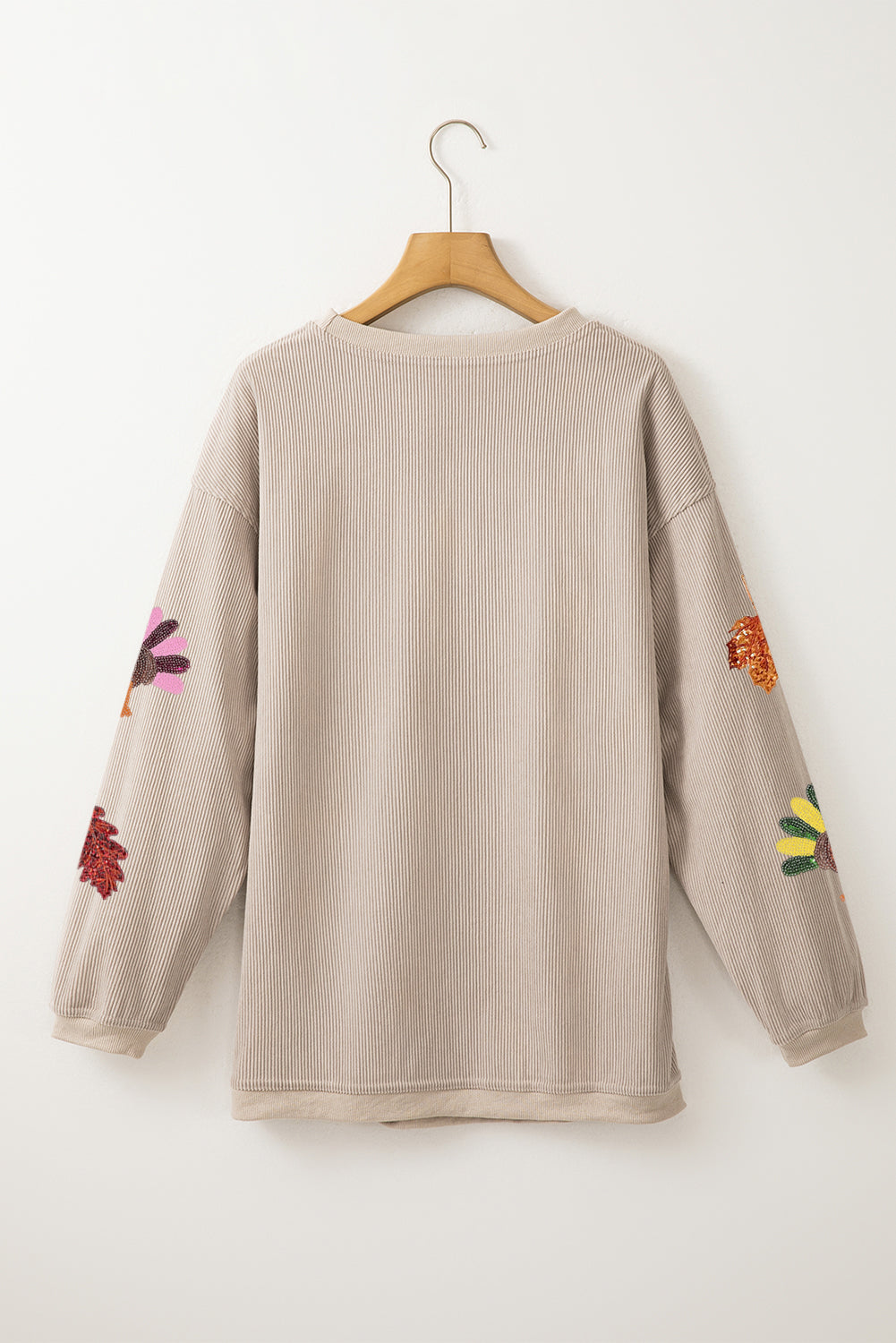 Smoke Gray Ribbed Fall Leaf Turkey Graphic Sequins Patch Baggy Sweatshirt