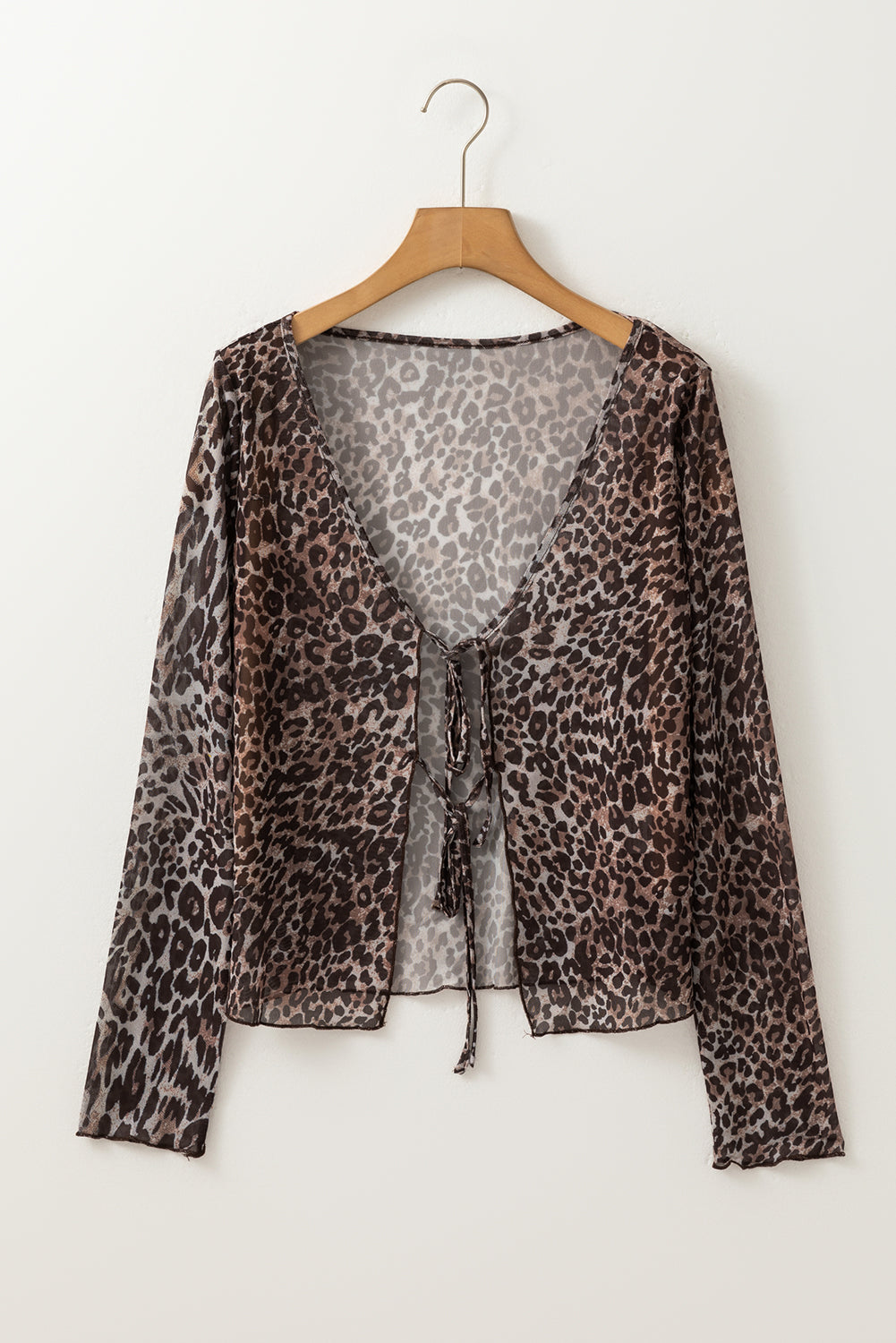 Multicolour Leopard Sheer Mesh Lace Up V Neck Long Sleeve Top
