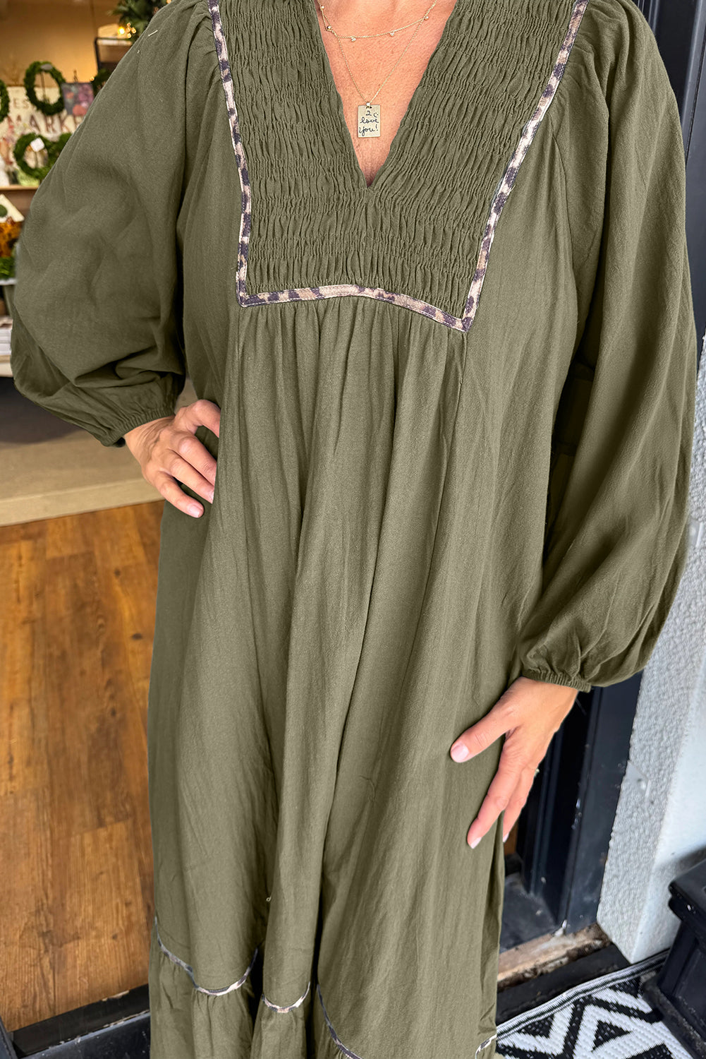 Green Collared V Neck Smocked Detail Contrast Leopard Trim Long Dress
