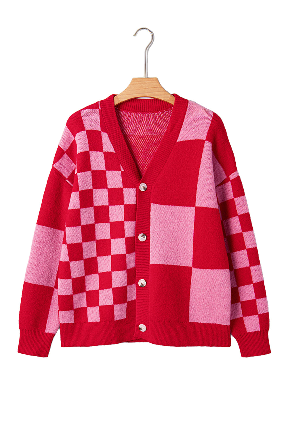 Fiery Red Colorblock Plaid Button Knit Cardigan