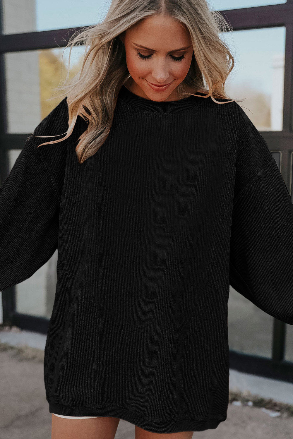 Black Solid Color Rib Knit Oversized Sweatshirt