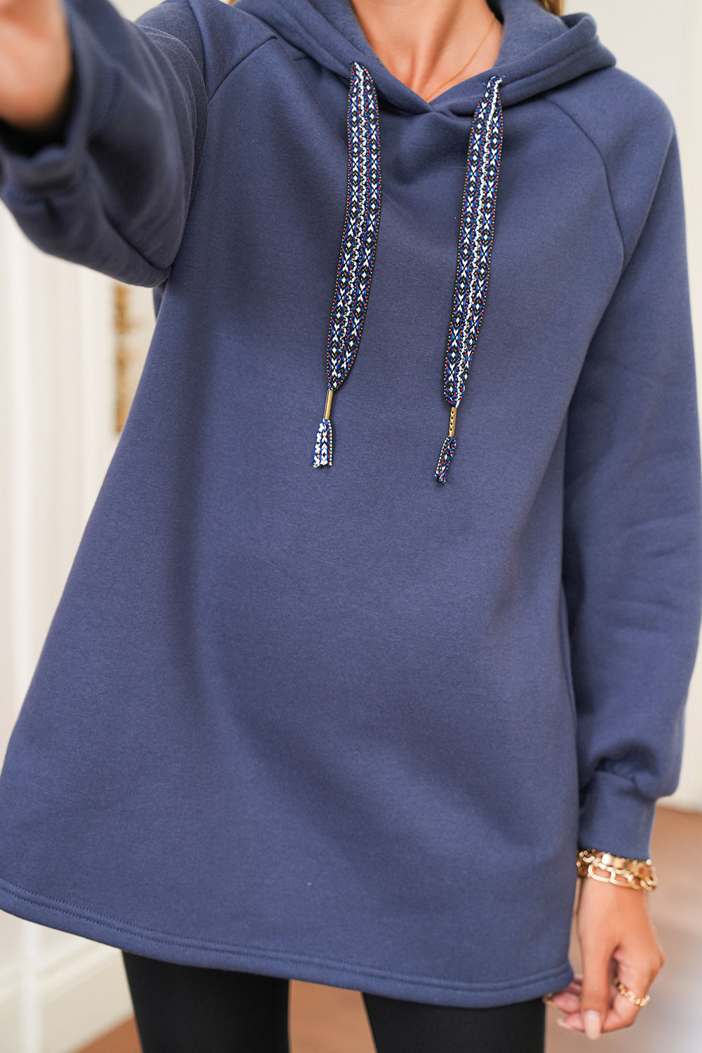 Dirty Blue Drawstring Hooded Tunic Sweatshirt